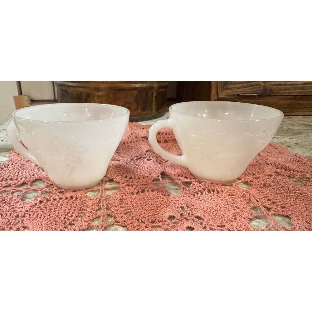 Vintage White Milk Glass Grape Leaf Embossed Tea Cups Set of 2 MCM Footed Coffee